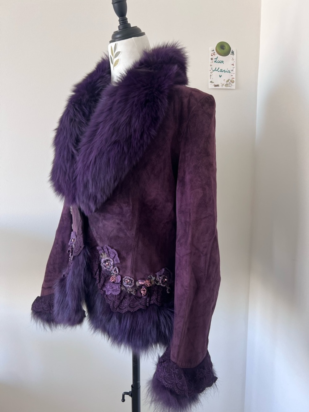 Vintage Pink Mary Purple Suede Fox Fur Collar Jacket Embellished Peplum Coat M - Picture 3 of 15